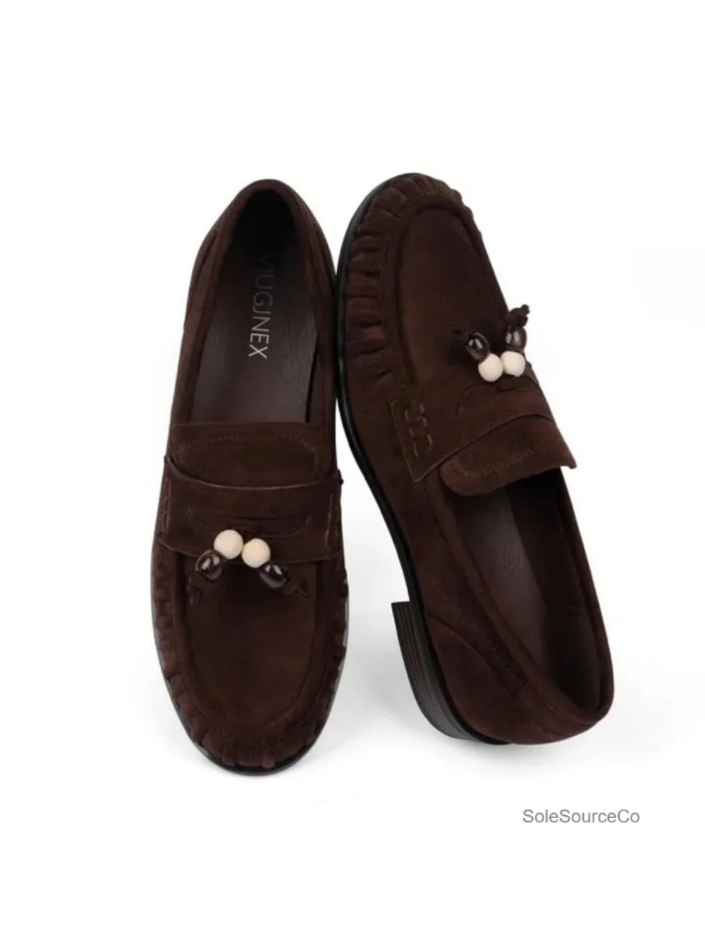 Faux Suede Loafers for Women Comfort Slip-On Flats Ruched Toe Beaded Mocc